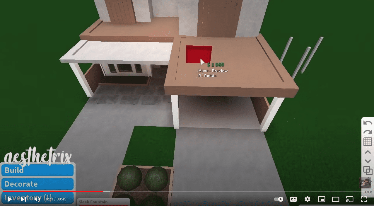 Bloxburg two-story house build with no gamepass this is showing the carport and bottom level from an outside view.