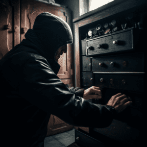 Protect your valuables with a secure home safe! This image showcases a thief attempting to break into a home safe and failing, highlighting the importance of having a secure safe to protect your belongings. This shows one of the benefits of a smart safe.