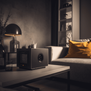 Experience the future of home security with this smart home safe concept model! This image showcases a state-of-the-art smart home safe placed on a coffee table in the middle of the living room.